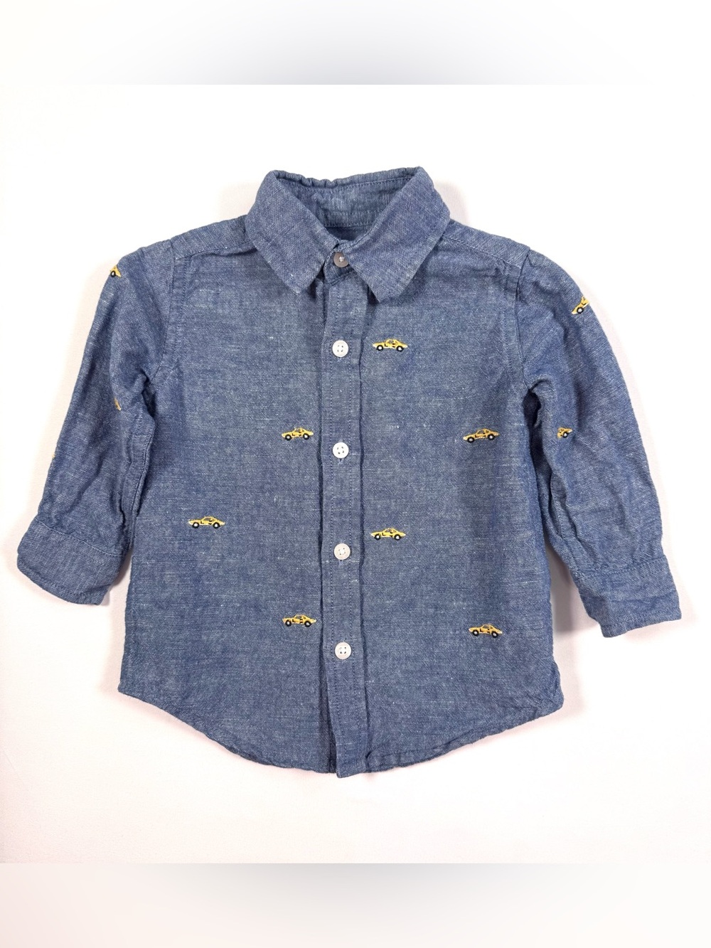 JANIE AND JACK Yellow Taxi Embroidered Chambray Button Up 6-12M Linen Preppy NYC